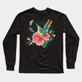 Hummingbird Hibiscus Butterfly with Lace Background Long Sleeve T-Shirt